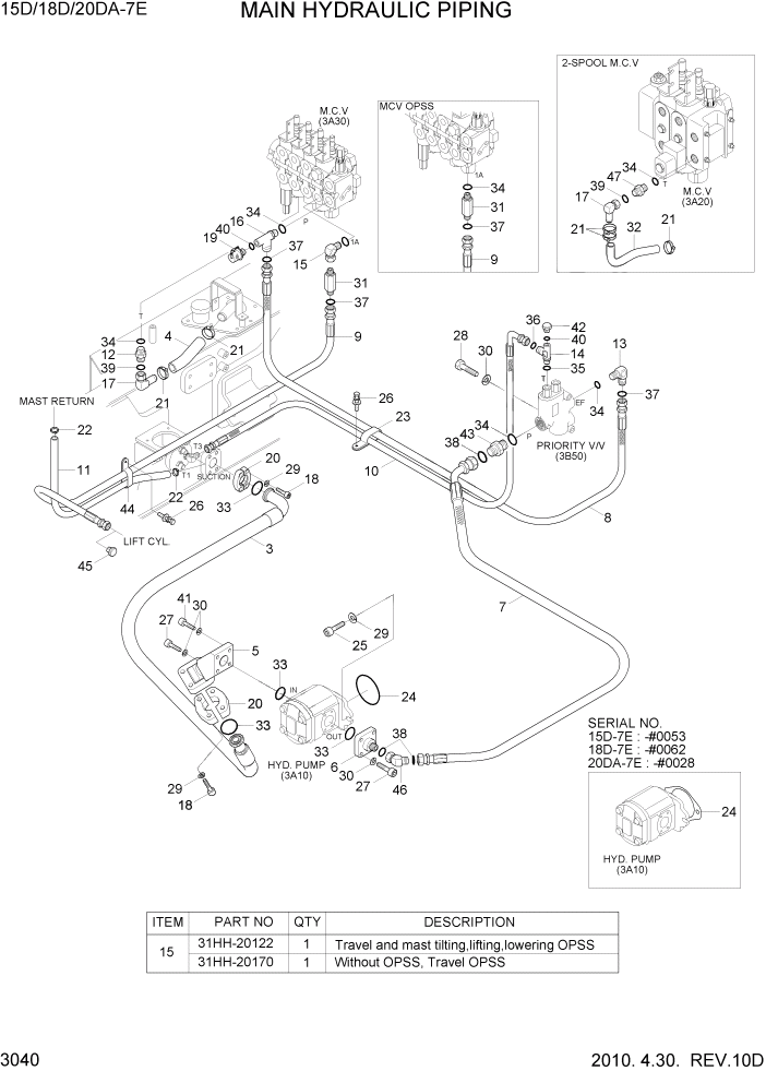Схема запчастей Hyundai 15D/18D/20DA-7E - PAGE 3040 MAIN HYDRAULIC PIPING ГИДРАВЛИЧЕСКАЯ СИСТЕМА