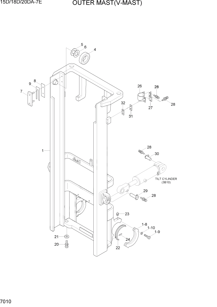 Схема запчастей Hyundai 15D/18D/20DA-7E - PAGE 7010 OUTER MAST(V-MAST) РАБОЧЕЕ ОБОРУДОВАНИЕ