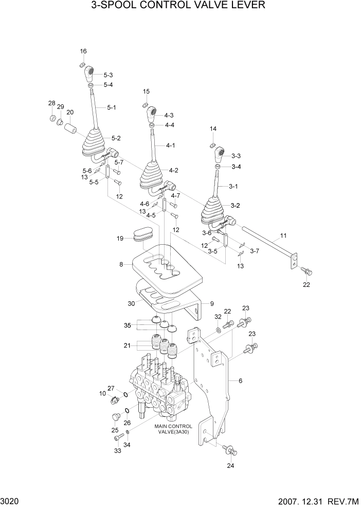 Схема запчастей Hyundai 20/25/30/33D-7 - PAGE 3020 3-SPOOL CONTROL VALVE LEVER ГИДРАВЛИЧЕСКАЯ СИСТЕМА