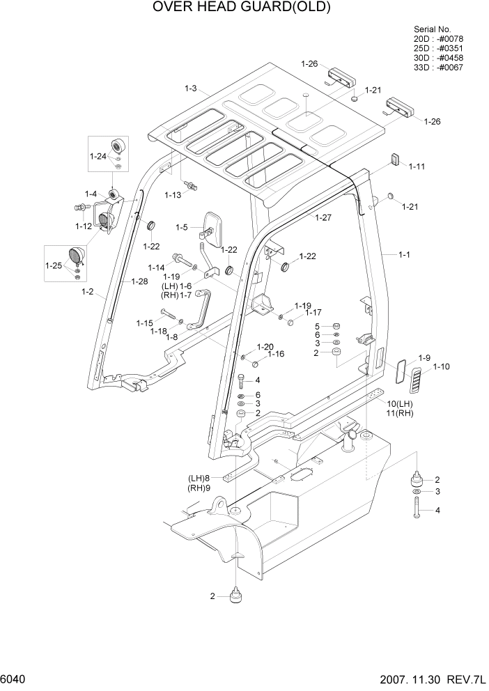 Схема запчастей Hyundai 20/25/30/33D-7 - PAGE 6040 OVER HEAD GUARD(OLD) СТРУКТУРА
