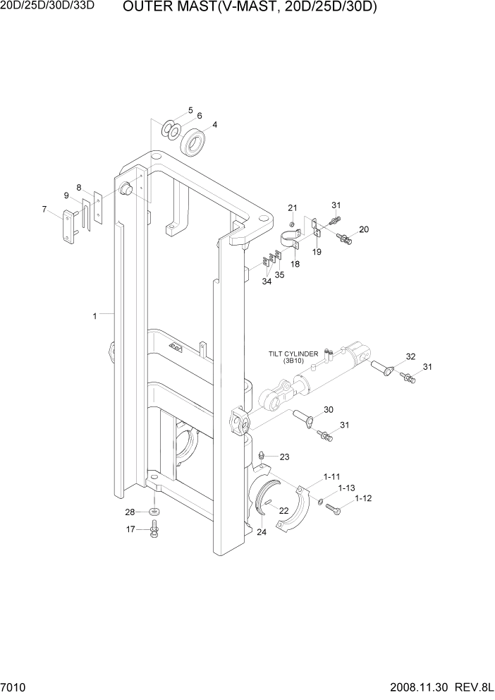 Схема запчастей Hyundai 20/25/30/33D-7 - PAGE 7010 OUTER MAST(V-MAST, 20D/25D/30D) РАБОЧЕЕ ОБОРУДОВАНИЕ