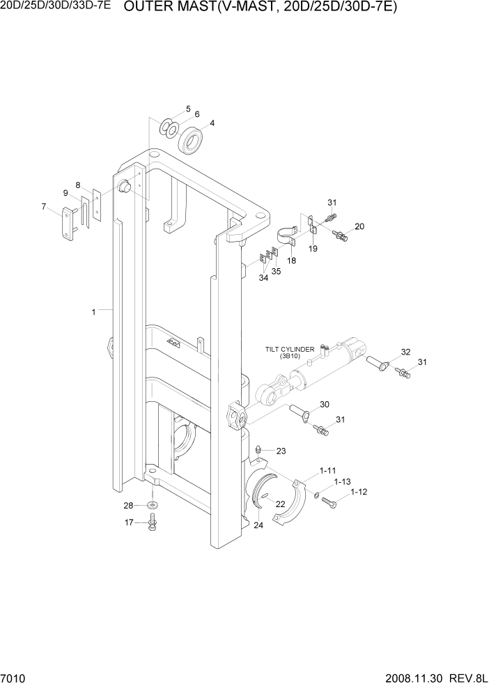 Схема запчастей Hyundai 20/25/30/33D-7E - PAGE 7010 OUTER MAST(V-MAST, 20/25/30D-7E) РАБОЧЕЕ ОБОРУДОВАНИЕ