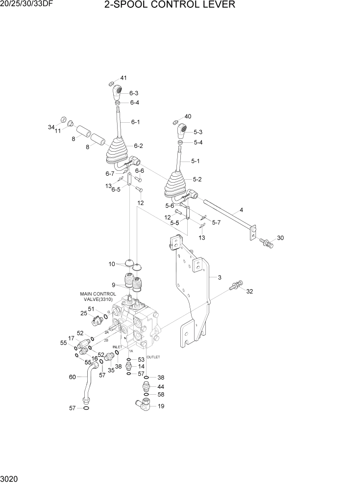 Схема запчастей Hyundai 20/25/30/33DF - PAGE 3020 2-SPOOL CONTROL VALVE LEVER ГИДРАВЛИЧЕСКАЯ СИСТЕМА