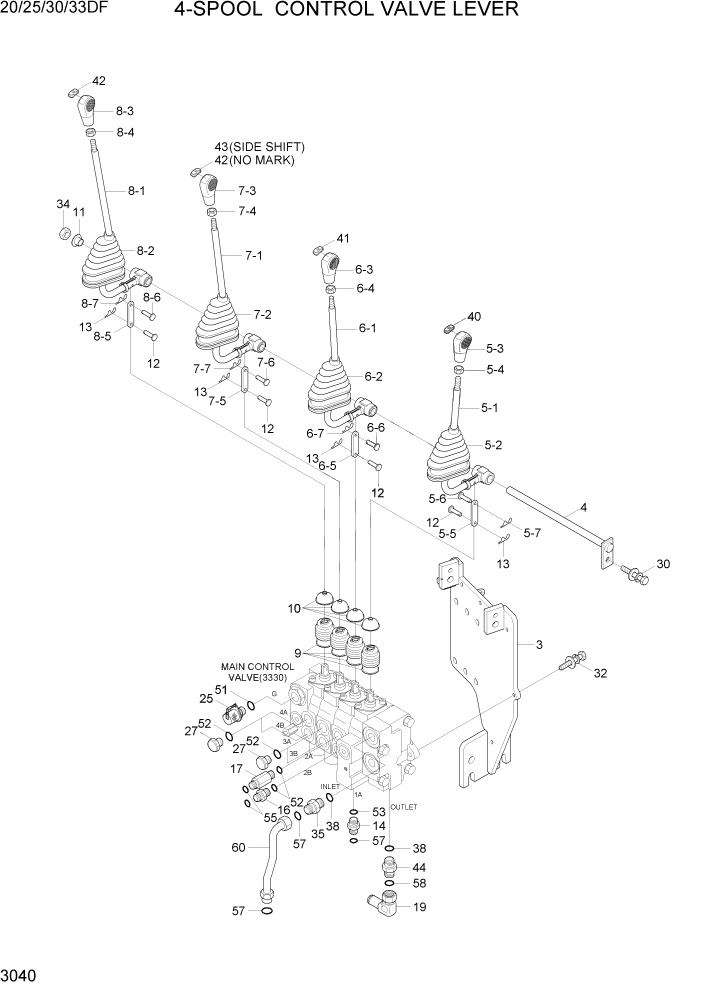 Схема запчастей Hyundai 20/25/30/33DF - PAGE 3040 4-SPOOL CONTROL VALVE LEVER ГИДРАВЛИЧЕСКАЯ СИСТЕМА