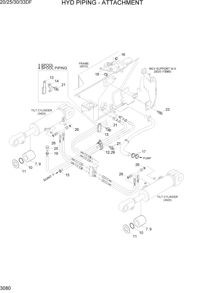 Схема запчастей Hyundai 20/25/30/33DF - PAGE 3080 HYD PIPING-ATTACHMENT ГИДРАВЛИЧЕСКАЯ СИСТЕМА