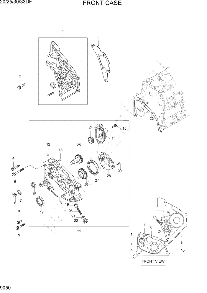 Схема запчастей Hyundai 20/25/30/33DF - PAGE 9050 FRONT CASE ДВИГАТЕЛЬ БАЗА
