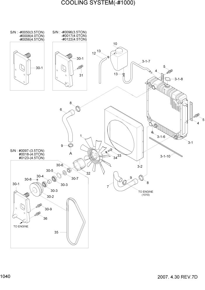 Схема запчастей Hyundai 35/40/45D-7 - PAGE 1040 COOLING SYSTEM(-#1000) СИСТЕМА ДВИГАТЕЛЯ