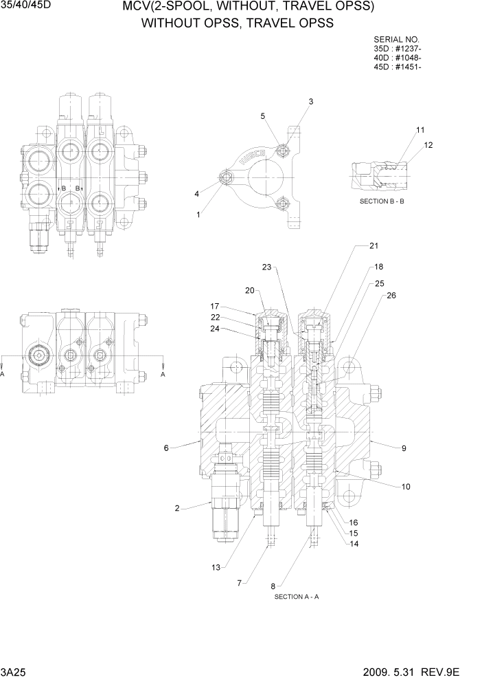 Схема запчастей Hyundai 35/40/45D-7 - PAGE 3A25 MCV(2-SPOOL, WITHOUT, TRAVEL OPSS) ГИДРАВЛИЧЕСКАЯ СИСТЕМА