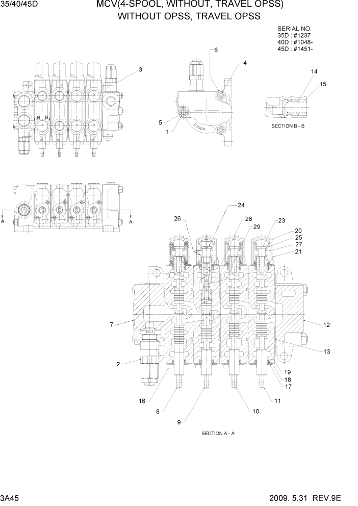 Схема запчастей Hyundai 35/40/45D-7 - PAGE 3A45 MCV(4-SPOOL, WITHOUT, TRAVEL OPSS) ГИДРАВЛИЧЕСКАЯ СИСТЕМА