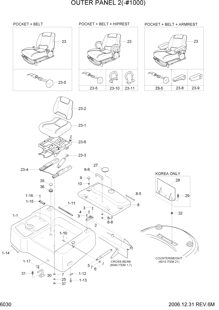 Схема запчастей Hyundai 35/40/45D-7 - PAGE 6030 OUTER PANEL 2(-#1000) СТРУКТУРА