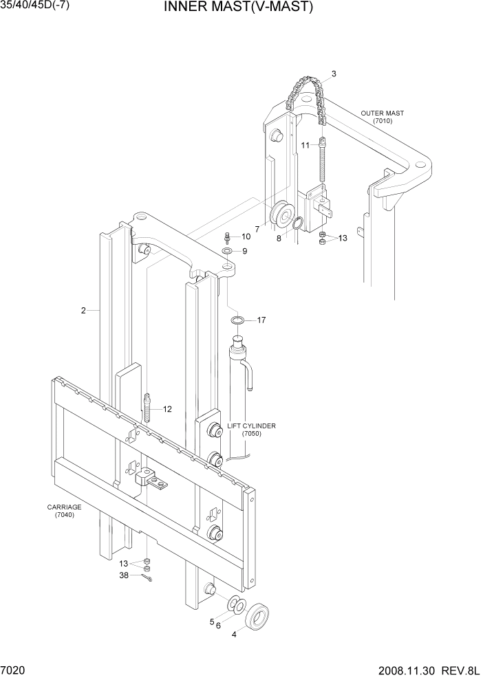 Схема запчастей Hyundai 35/40/45D-7 - PAGE 7020 INNER MAST(V-MAST) РАБОЧЕЕ ОБОРУДОВАНИЕ