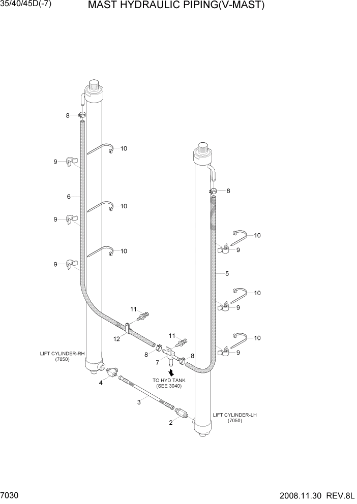 Схема запчастей Hyundai 35/40/45D-7 - PAGE 7030 MAST HYDRAULIC PIPING(V-MAST) РАБОЧЕЕ ОБОРУДОВАНИЕ