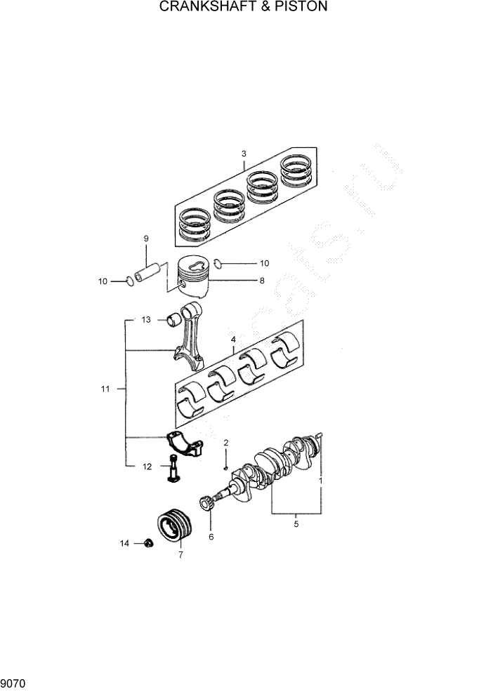 Схема запчастей Hyundai 35/40/45D-7 - PAGE 9070 CRANKSHAFT & PISTON ДВИГАТЕЛЬ БАЗА (- # 1000)