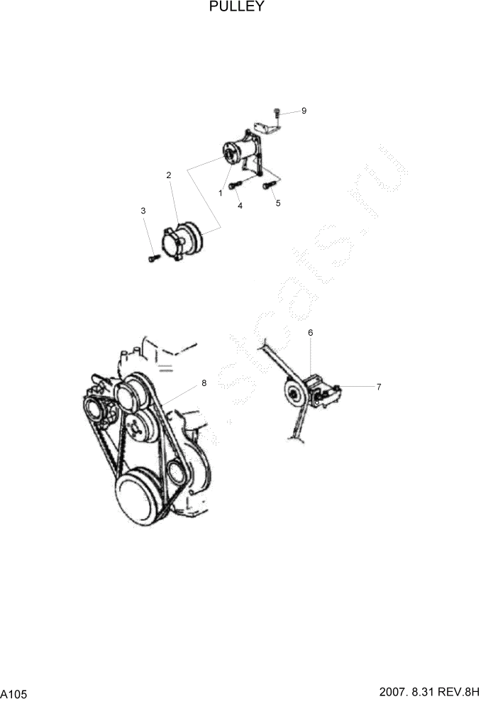 Схема запчастей Hyundai 35/40/45D-7 - PAGE A105 PULLEY ДВИГАТЕЛЬ БАЗА (# 1001)