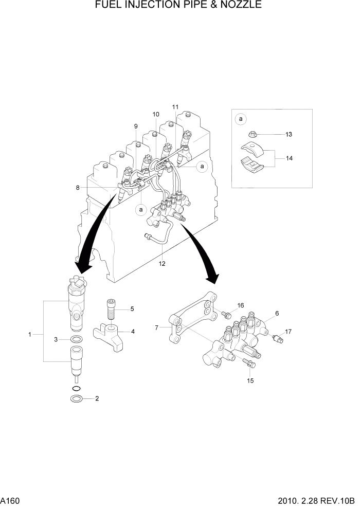 Схема запчастей Hyundai 35/40/45D-7 - PAGE A160 FUEL INJECTION PIPE & NOZZLE ДВИГАТЕЛЬ БАЗА (# 1001)