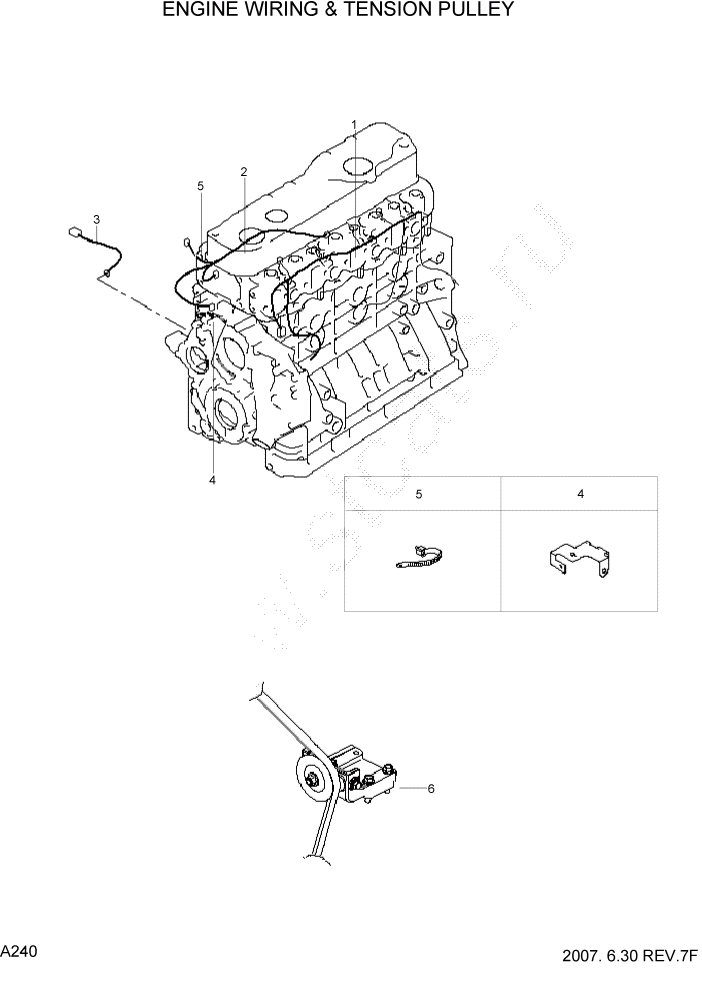 Схема запчастей Hyundai 35/40/45D-7 - PAGE A240 ENGINE WIRING & TENSION PULLEY ДВИГАТЕЛЬ БАЗА (# 1001)