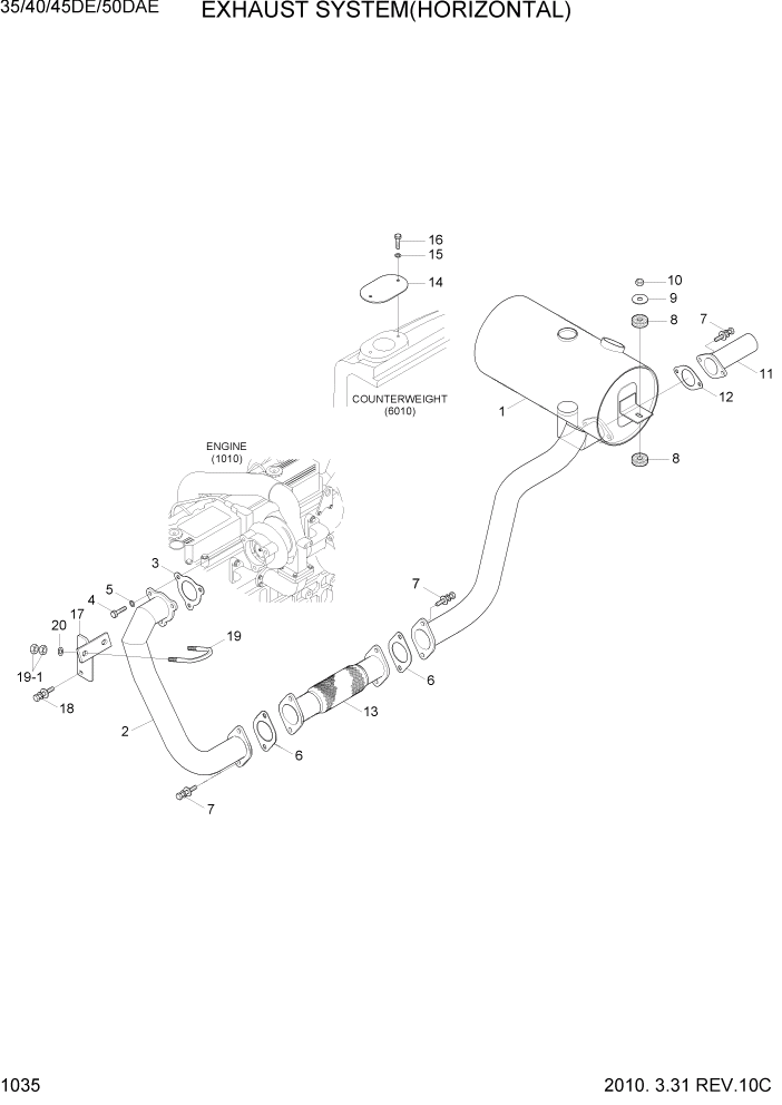 Схема запчастей Hyundai 35DE/40DE/45DE-7/50D-7AE - PAGE 1035 EXHAUST SYSTEM(HORIZONTAL) СИСТЕМА ДВИГАТЕЛЯ