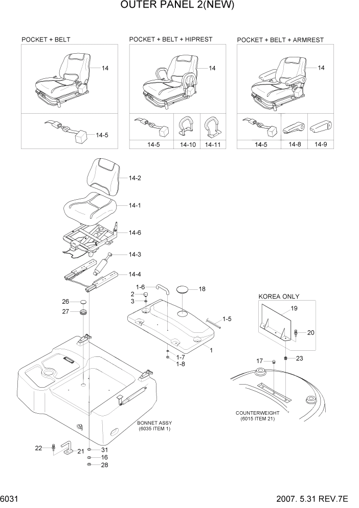 Схема запчастей Hyundai 35/40/45DS-7 - PAGE 6031 OUTER PANEL 2(NEW) СТРУКТУРА