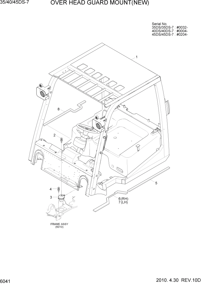 Схема запчастей Hyundai 35/40/45DS-7 - PAGE 6041 OVER HEAD GUARD MOUNT(NEW) СТРУКТУРА