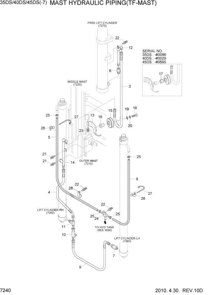 Схема запчастей Hyundai 35/40/45DS-7 - PAGE 7240 MAST HYDRAULIC PIPING(TF-MAST) РАБОЧЕЕ ОБОРУДОВАНИЕ