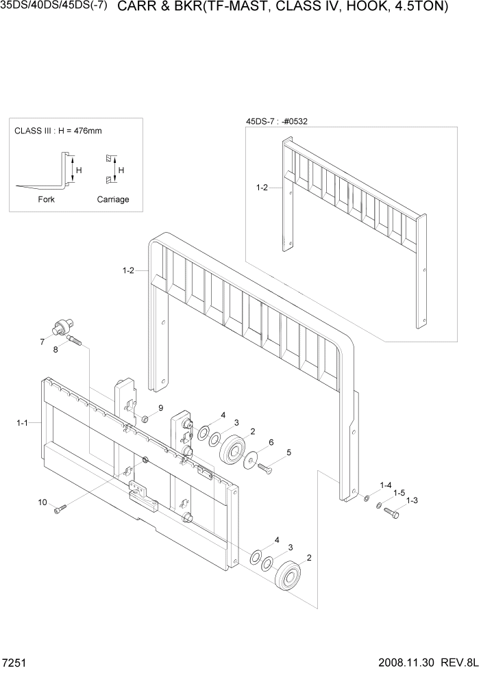 Схема запчастей Hyundai 35/40/45DS-7 - PAGE 7251 CARR & BKR(TF-MAST,C-IV,HOOK,4.5T) РАБОЧЕЕ ОБОРУДОВАНИЕ