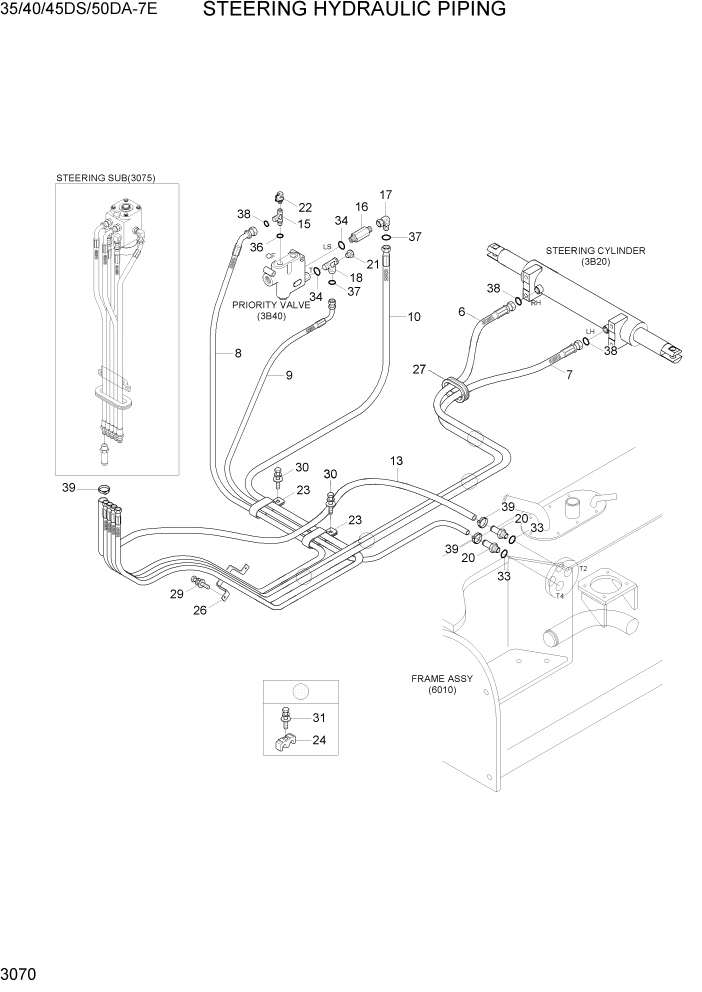 Схема запчастей Hyundai 35DS/40DS/45DS/50DA-7E - PAGE 3070 STEERING HYDRAULIC PIPING ГИДРАВЛИЧЕСКАЯ СИСТЕМА