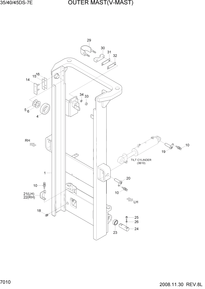 Схема запчастей Hyundai 35DS/40DS/45DS/50DA-7E - PAGE 7010 OUTER MAST(V-MAST,35/40/45DS-7E) РАБОЧЕЕ ОБОРУДОВАНИЕ