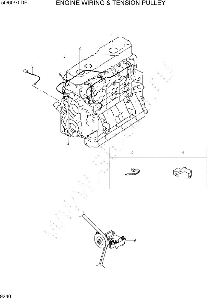 Схема запчастей Hyundai 50/60/70DE - PAGE 9240 ENGINE WIRING & TENSION PULLEY ДВИГАТЕЛЬ БАЗА