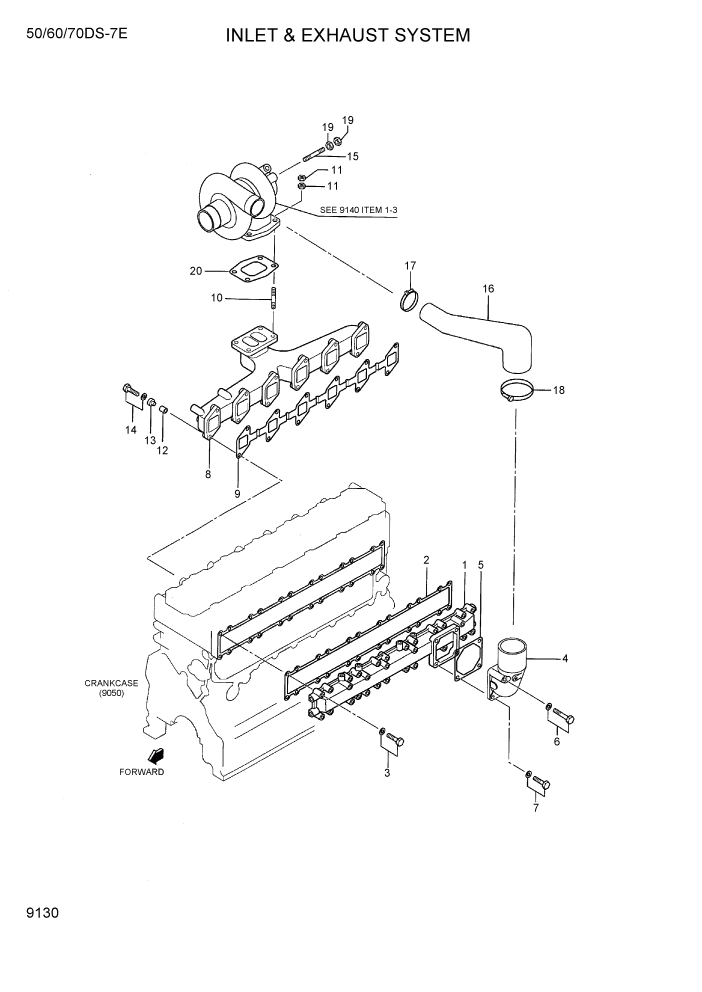 Схема запчастей Hyundai 50/60/70DS-7E - PAGE 9130 INLET & EXHAUST SYSTEM ДВИГАТЕЛЬ БАЗА