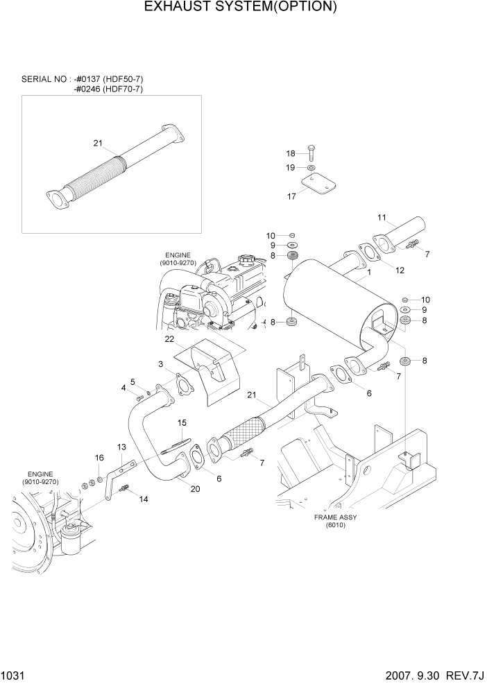 Схема запчастей Hyundai HDF50/HDF70-7 - PAGE 1031 EXHAUST SYSTEM(OPTION) СИСТЕМА ДВИГАТЕЛЯ