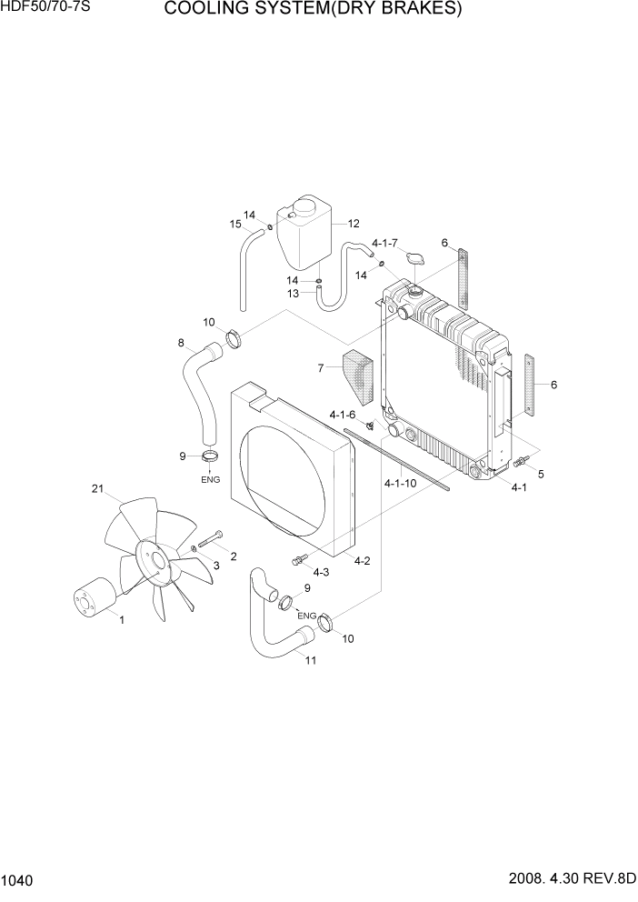 Схема запчастей Hyundai HDF50/HDF70-7S - PAGE 1040 COOLING SYSTEM(DRY BRAKES) СИСТЕМА ДВИГАТЕЛЯ