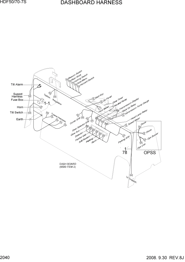 Схема запчастей Hyundai HDF50/HDF70-7S - PAGE 2040 DASHBOARD HARNESS ЭЛЕКТРИЧЕСКАЯ СИСТЕМА