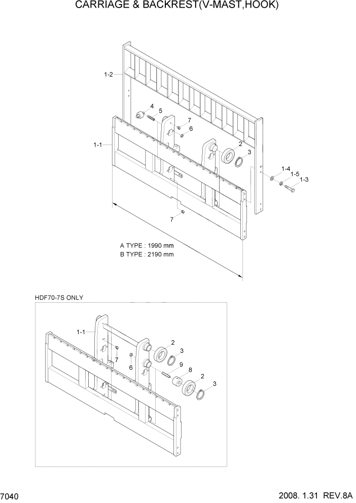 Схема запчастей Hyundai HDF50/HDF70-7S - PAGE 7040 CARRIAGE & BACKREST(V-MAST,HOOK) РАБОЧЕЕ ОБОРУДОВАНИЕ