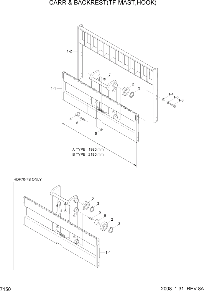 Схема запчастей Hyundai HDF50/HDF70-7S - PAGE 7150 CARR & BACKREST(TF-MAST,HOOK) РАБОЧЕЕ ОБОРУДОВАНИЕ