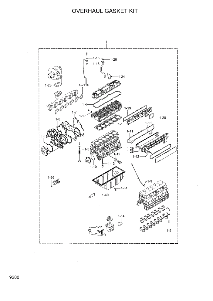 Схема запчастей Hyundai HDF50/HDF70-7S - PAGE 9280 OVERHAUL GASKET KIT ДВИГАТЕЛЬ БАЗА