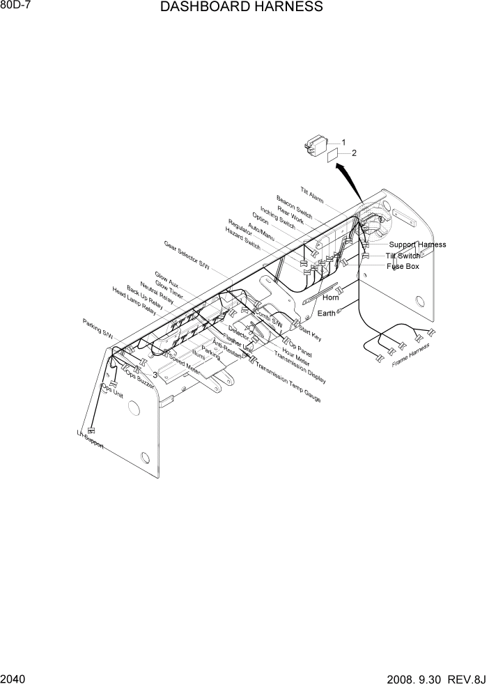 Схема запчастей Hyundai 80D-7 - PAGE 2040 DASHBOARD HARNESS ЭЛЕКТРИЧЕСКАЯ СИСТЕМА