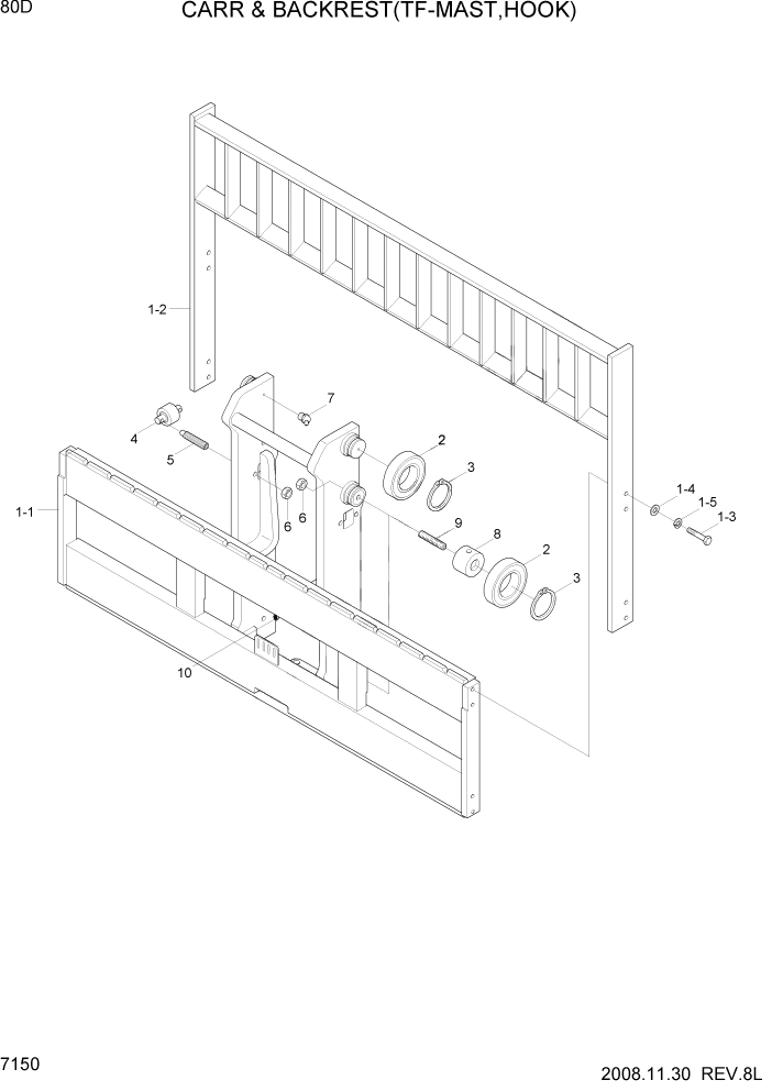 Схема запчастей Hyundai 80D-7 - PAGE 7150 CARR & BACKREST(TF-MAST,HOOK) РАБОЧЕЕ ОБОРУДОВАНИЕ
