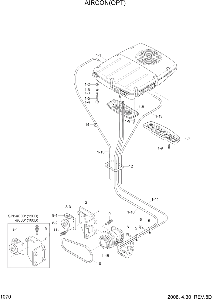 Схема запчастей Hyundai 100/120/130/160D-7 - PAGE 1070 AIRCON(OPT) СИСТЕМА ДВИГАТЕЛЯ