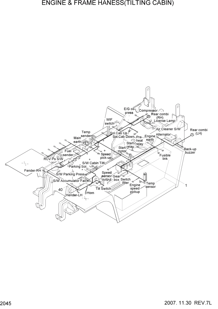 Схема запчастей Hyundai 100/120/130/160D-7 - PAGE 2045 ENGINE & FRAME HARNESS(TILTING CABIN) ЭЛЕКТРИЧЕСКАЯ СИСТЕМА