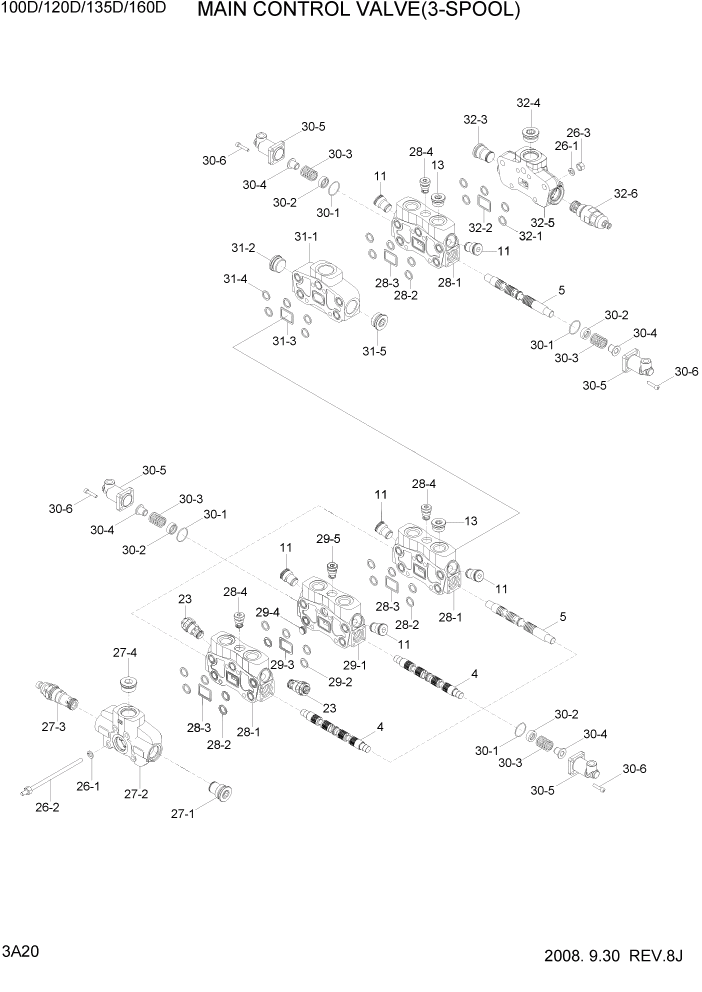 Схема запчастей Hyundai 100/120/130/160D-7 - PAGE 3A20 MAIN CONTROL VALVE(3-SPOOL) ГИДРАВЛИЧЕСКАЯ СИСТЕМА