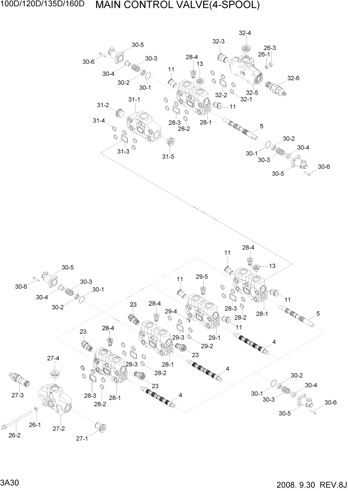 Схема запчастей Hyundai 100/120/130/160D-7 - PAGE 3A30 MAIN CONTROL VALVE(4-SPOOL) ГИДРАВЛИЧЕСКАЯ СИСТЕМА
