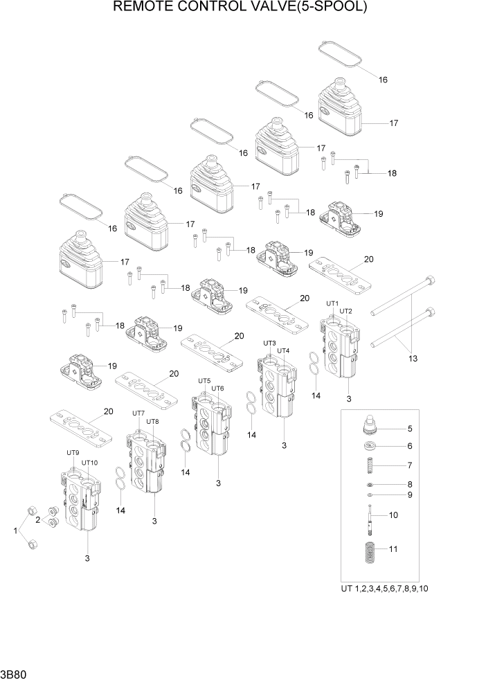 Схема запчастей Hyundai 100/120/130/160D-7 - PAGE 3B80 REMOTE CONTROL VALVE(5-SPOOL) ГИДРАВЛИЧЕСКАЯ СИСТЕМА