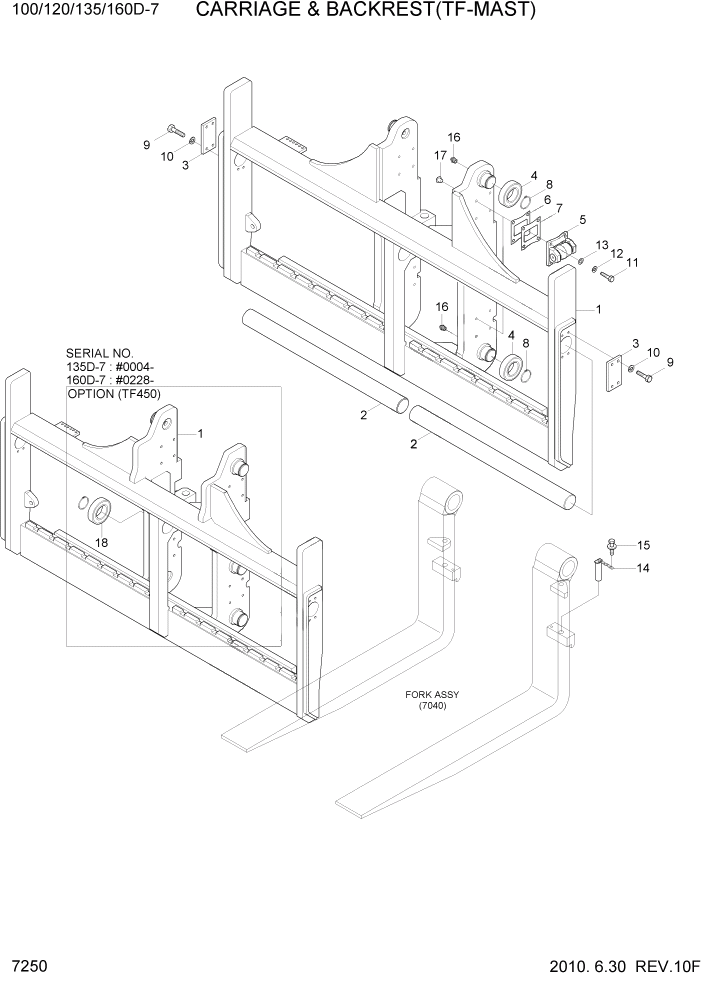 Схема запчастей Hyundai 100/120/130/160D-7 - PAGE 7250 CARRIAGE & BACKREST(TF-MAST) РАБОЧЕЕ ОБОРУДОВАНИЕ