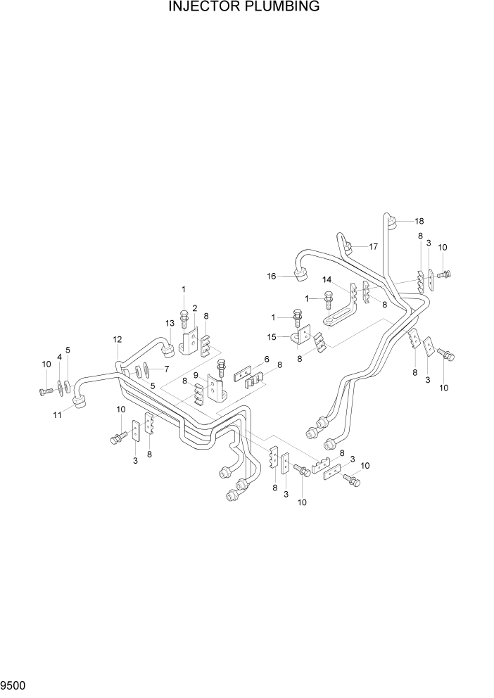 Схема запчастей Hyundai 100/120/130/160D-7 - PAGE 9500 INJECTOR PLUMBING ДВИГАТЕЛЬ БАЗА