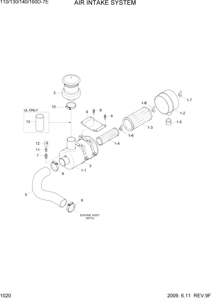 Схема запчастей Hyundai 110/130/140/160D-7E - PAGE 1020 AIR INTAKE SYSTEM СИСТЕМА ДВИГАТЕЛЯ