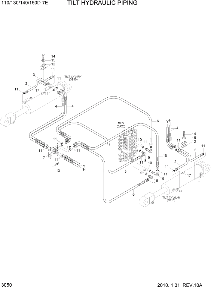Схема запчастей Hyundai 110/130/140/160D-7E - PAGE 3050 TILT HYDRAULIC PIPING ГИДРАВЛИЧЕСКАЯ СИСТЕМА
