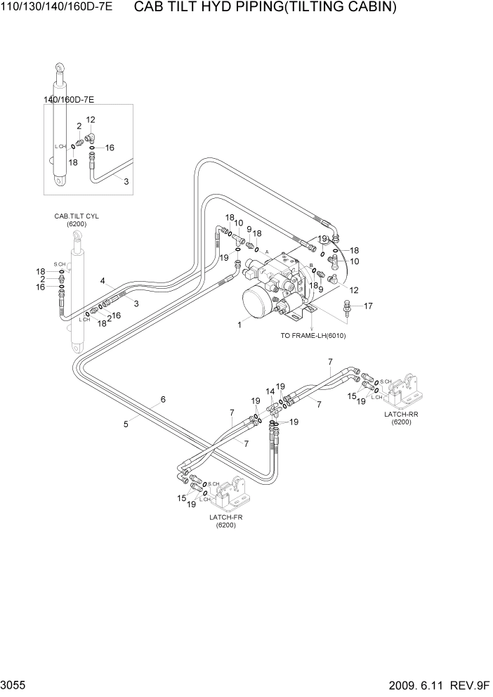 Схема запчастей Hyundai 110/130/140/160D-7E - PAGE 3055 CAB TILT HYD PIPING(TILTING CABIN) ГИДРАВЛИЧЕСКАЯ СИСТЕМА