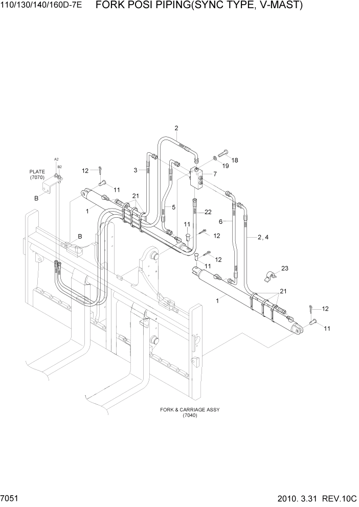 Схема запчастей Hyundai 110/130/140/160D-7E - PAGE 7051 FORK POSI PIPING(SYNC TYPE,V-MAST) РАБОЧЕЕ ОБОРУДОВАНИЕ