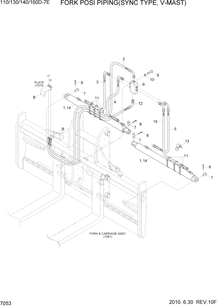 Схема запчастей Hyundai 110/130/140/160D-7E - PAGE 7053 FORK POSI PIPING(SYNC TYPE,V-MAST) РАБОЧЕЕ ОБОРУДОВАНИЕ