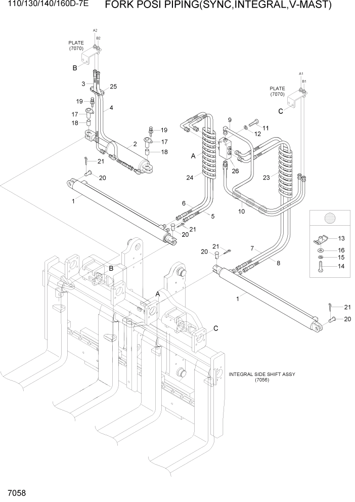 Схема запчастей Hyundai 110/130/140/160D-7E - PAGE 7058 FORK POSI PIPING(SYNC TYPE,INTE,V-MAST) РАБОЧЕЕ ОБОРУДОВАНИЕ